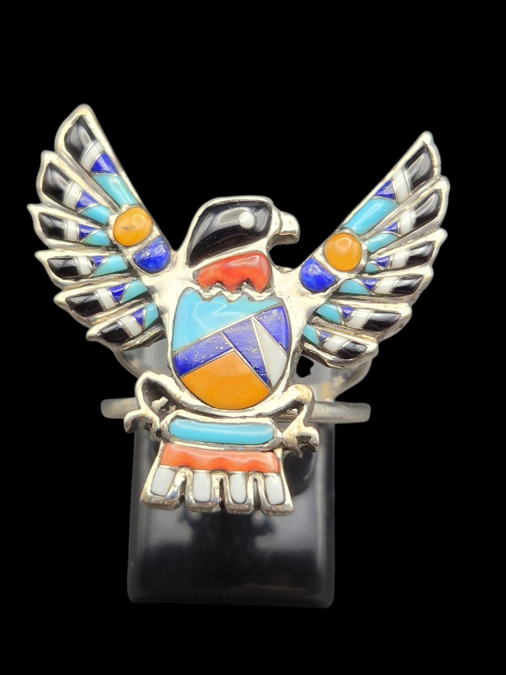 Silver Inlay Thunderbird Ring with Mixed Stone Inlay 7.25